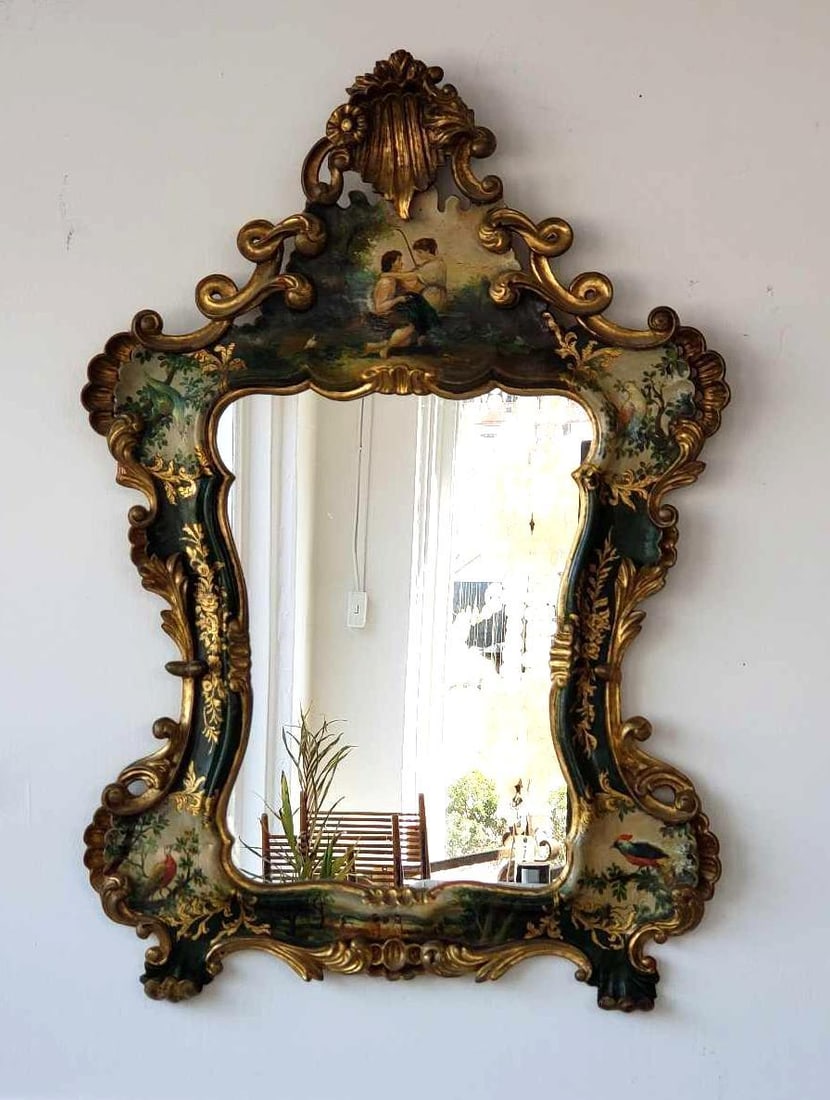 VENETIAN STYLE PAINTED AND PARCEL GILT MIRROR WITH LANDSCAPE AND BIRD VIGNETTES (1 of 13)