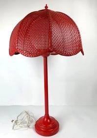 MID-CENTURY MODERN STYLE RED WOVEN RATTAN TABLE LAMP