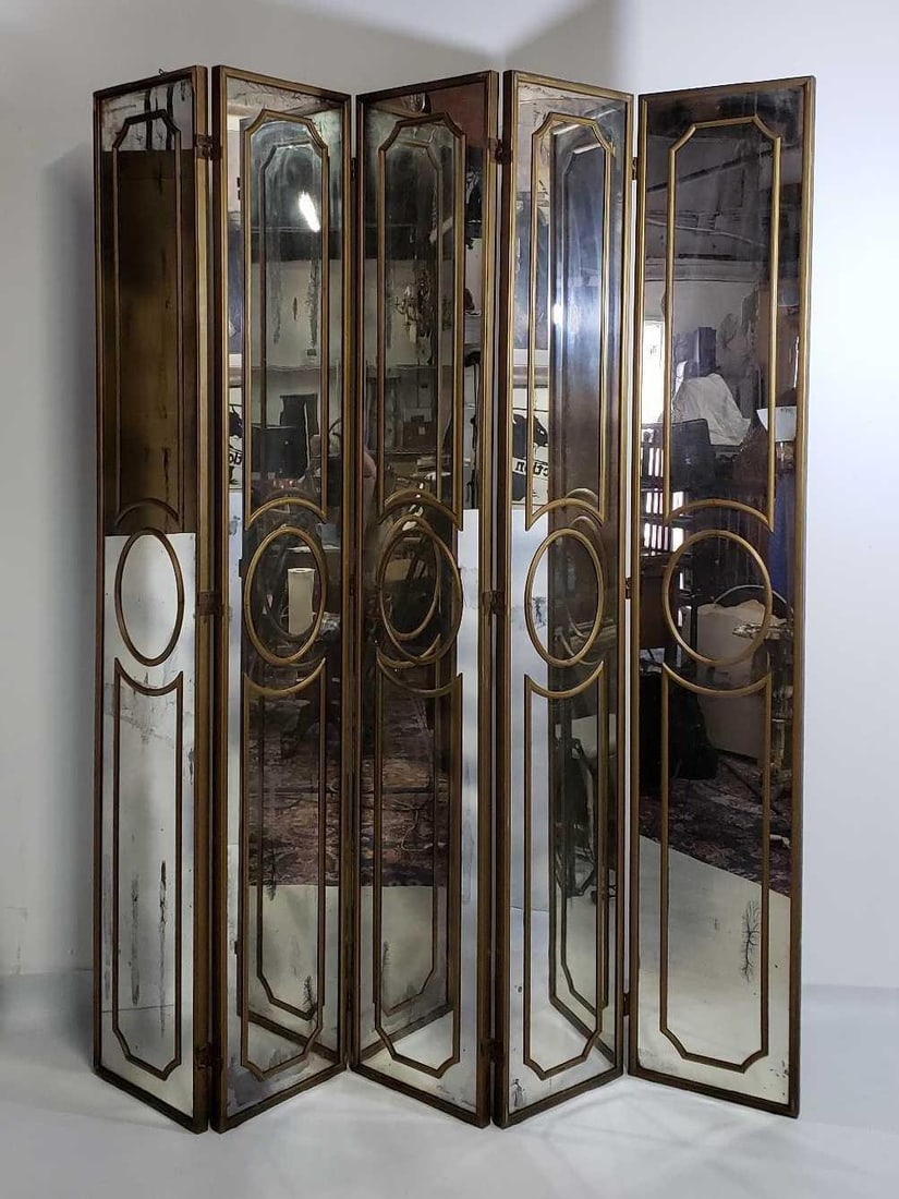 HOLLYWOOD REGENCY GILT WOOD MIRRORED 5 PANEL SCREEN/ ROOM DIVIDER (1 of 14)