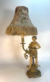 L.F. MOREAU STYLE METAL ART NOUVEAU TABLE LAMP: BOY PLAYING VIOLIN