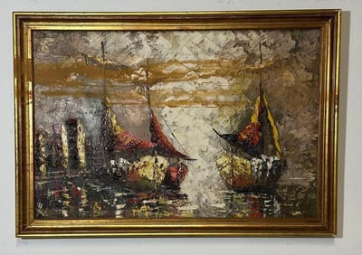 VALUE LOT SIGNED MID-CENTURY MODERN BRUTALIST PAINTING OF SAILBOATS