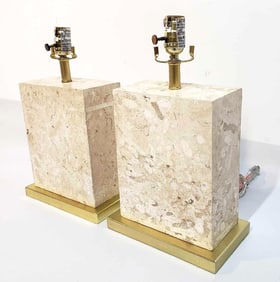 PAIR OF MCM TRAVERTINE AND BRASS TABLE LAMPS