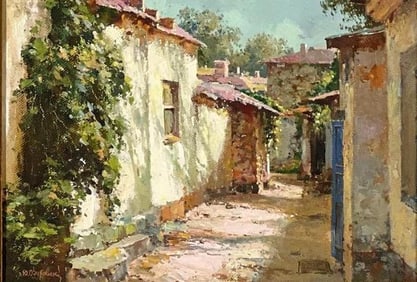 YURI OBUHOVSKIY OIL ON CANVAS PAINTING OF SUNLIT ALLEY