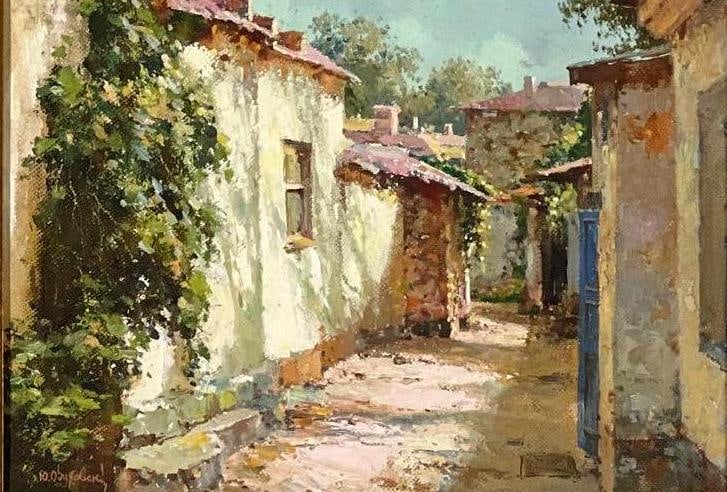 YURI OBUHOVSKIY OIL ON CANVAS PAINTING OF SUNLIT ALLEY (1 of 7)