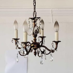 ANTIQUE PETITE BRASS AND CRYSTAL 4 LITE CHANDELIER