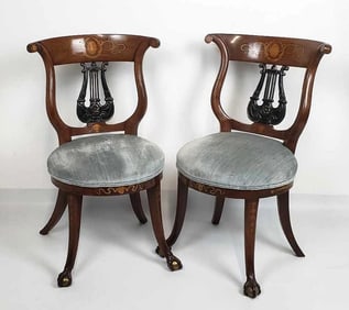 PAIR OF LYRE-BACKED ANTIQUE CLAW AND BALL FOOT, INLAID SIDE CHAIRS