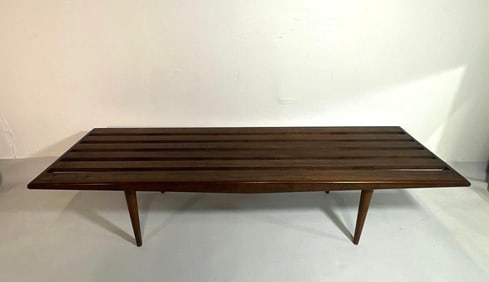 MID-CENTURY HARDWOOD SLAT BENCH