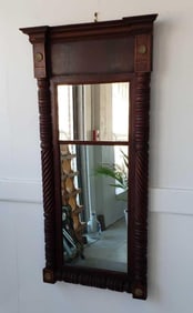 ANTIQUE AMERICAN FEDERAL, SHERATON-STYLE MAHOGANY AND CHERRY SPLIT PANEL MIRROR