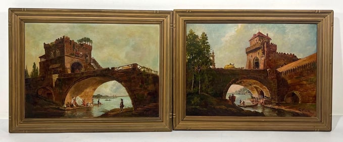 TWO GIUSEPPE D'ANDREA SIGNED OIL ON CANVAS ITALIAN "PONTE VECCHIO"  "OLD BRIDGE" SCENES
