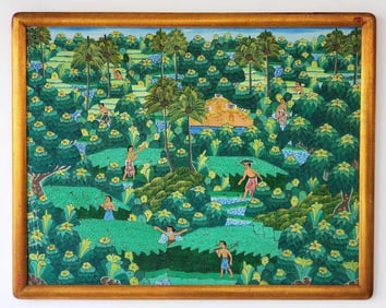 CATO SIGNED "GREEN FIELDS" BALINESE FOLK ART PAINTING