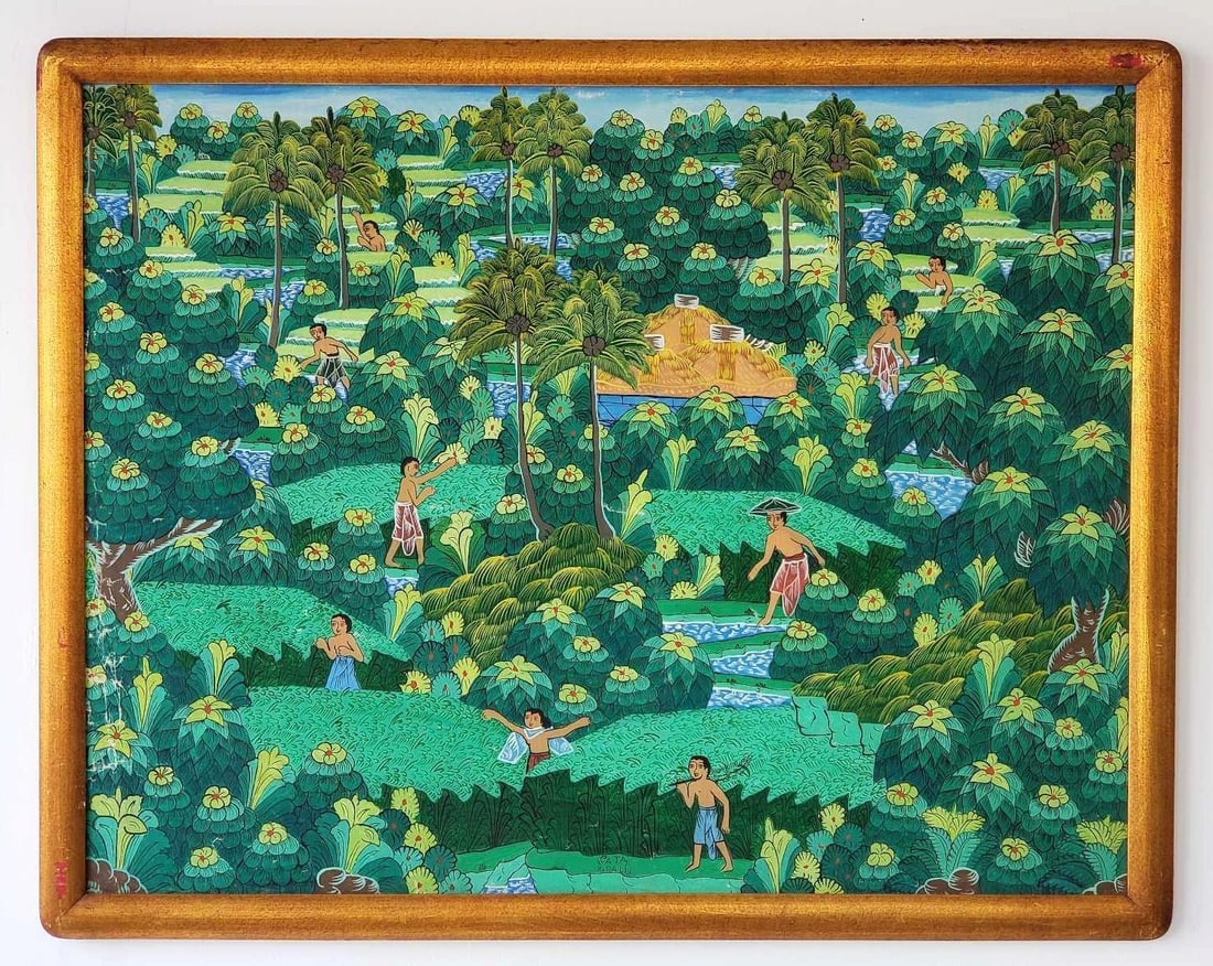 CATO SIGNED "GREEN FIELDS" BALINESE FOLK ART PAINTING (1 of 11)