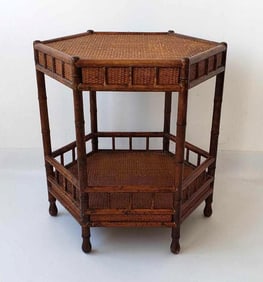 VINTAGE FAUX BAMBOO AND RATTAN HEXAGONAL TWO-TIER TABLE