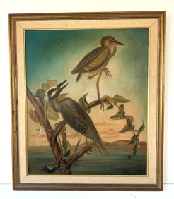 ANTIQUE ORIGINAL OIL ON CANVAS “ YELLOW CROWNED HERON" AFTER AUDUBON
