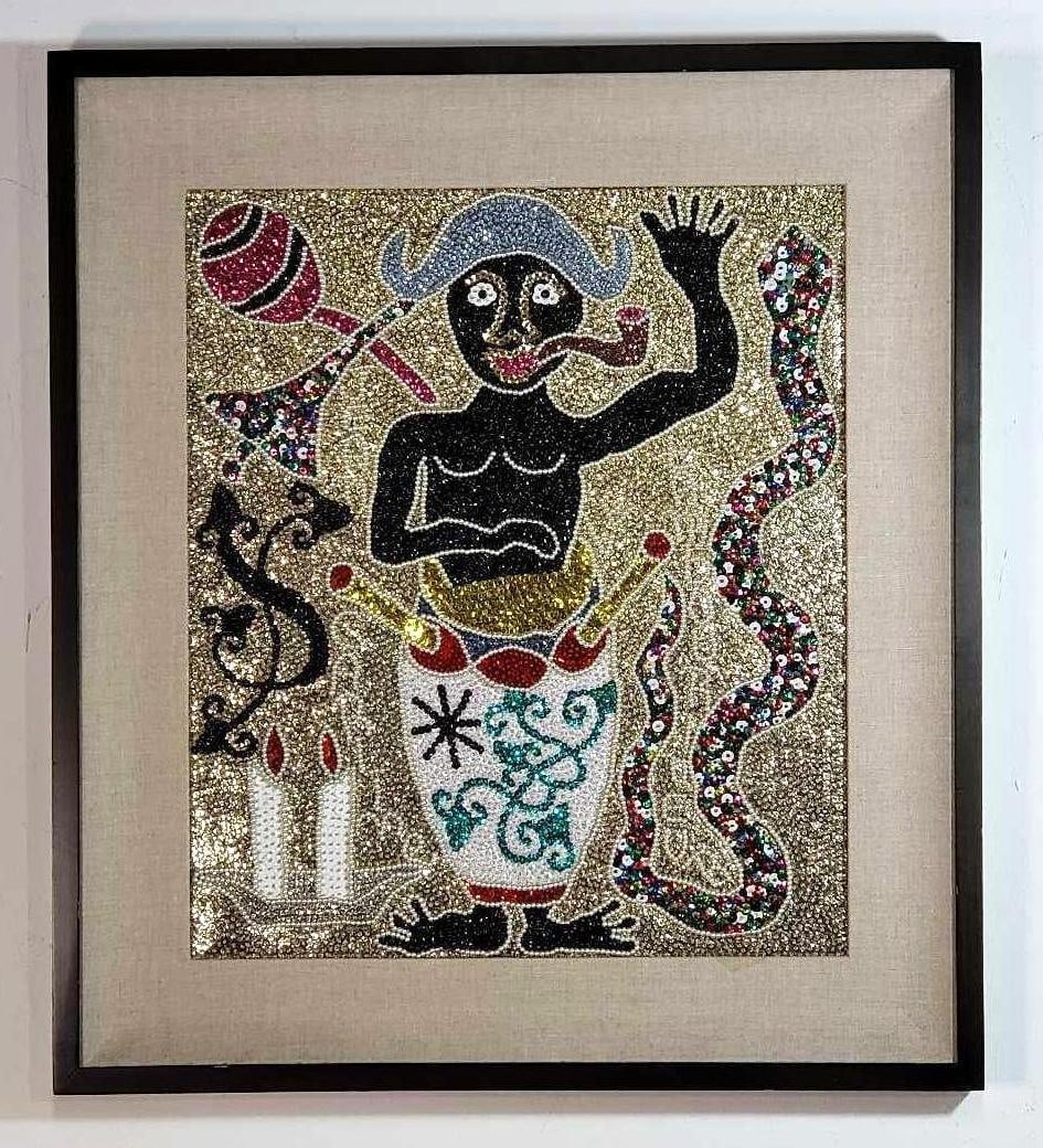FRAMED "DRAPO VODOU" HATIAN VODOU FLAG EMBELISHED WITH BEADS AND SEQUINS (1 of 14)