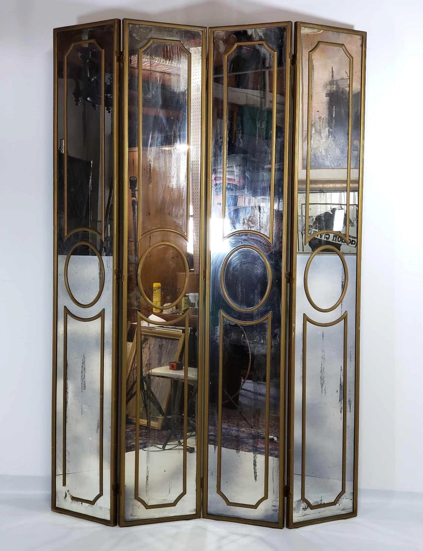 HOLLYWOOD REGENCY GILT WOOD MIRRORED 4 PANEL SCREEN/ ROOM DIVIDER (1 of 11)