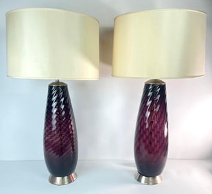 PAIR OF VINTAGE MURANO STYLE GLASS TABLE LAMPS WITH SWIRL DESIGN