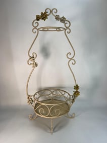VINTAGE FRENCH TOLEWARE STYLE WROUGHT IRON TWO-TIER SERVING TRAY FLORAL ACCENTS