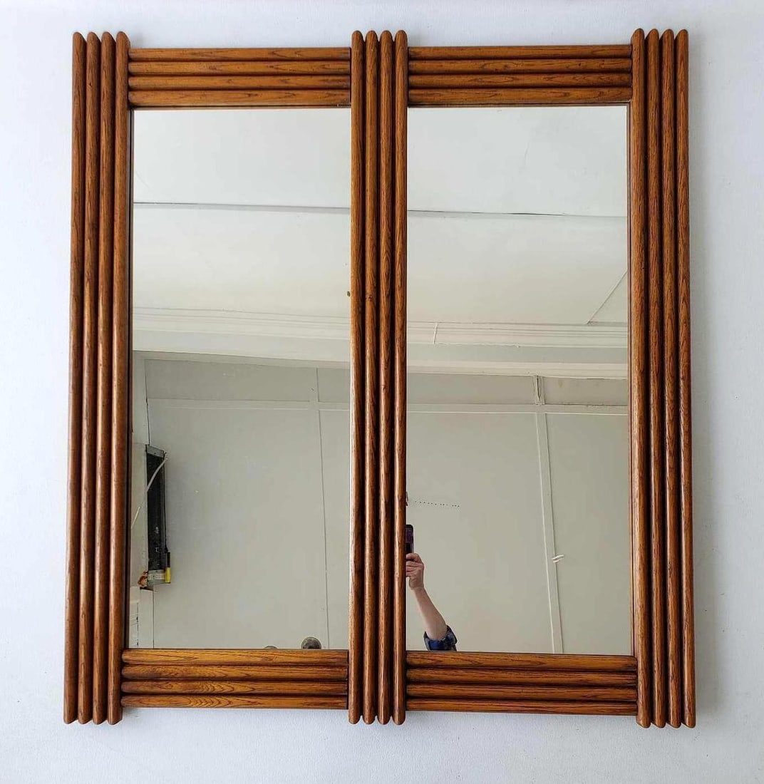BRUTALIST MID CENTURY LARGE WOOD FRAME DYPTYCH MIRROR (1 of 8)