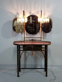 HOLLYWOOD REGENCY STYLE, BRASS TRIPLE MIRROR VANITY WITH STOOL