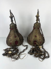 PAIR OF ORIENTAL MIDDLE EASTERN STYLE MIDCENTURY BRASS HANGING LIGHTING FIXTURES WITH GLASS DETAIL