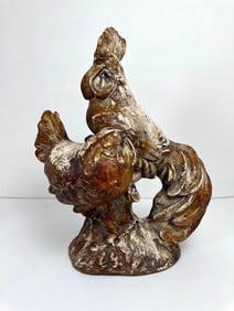 FRENCH CHALKWARE ROOSTER & HEN SCULPTURE