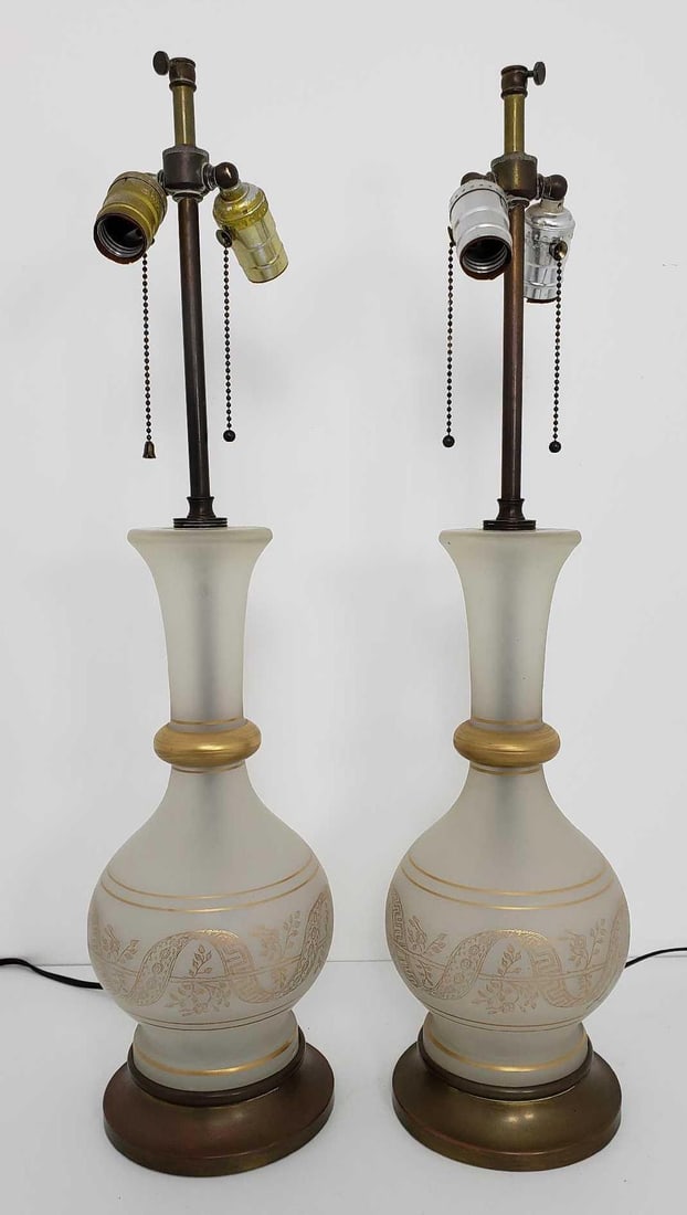 VALUE LOT: PAIR OF VINTAGE SATIN GLASS GILT DECORATED TABLE LAMPS (1 of 6)