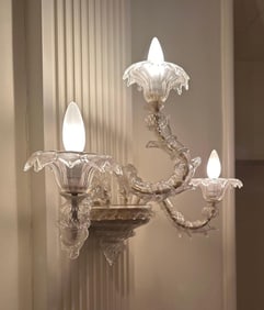 PAIR OF MURANO GLASS THREE-LIGHT CLEAR CRYSTAL WALL SCONCES (2 OF 3)