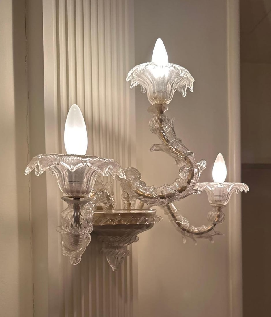 PAIR OF MURANO GLASS THREE-LIGHT CLEAR CRYSTAL WALL SCONCES (2 OF 3) (1 of 8)
