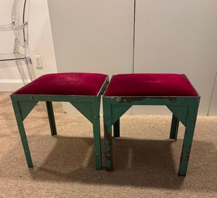 PAIR OF CUSTOM JEAN PAUL GAULTIER RED VELVET INDUSTRIAL STOOLS