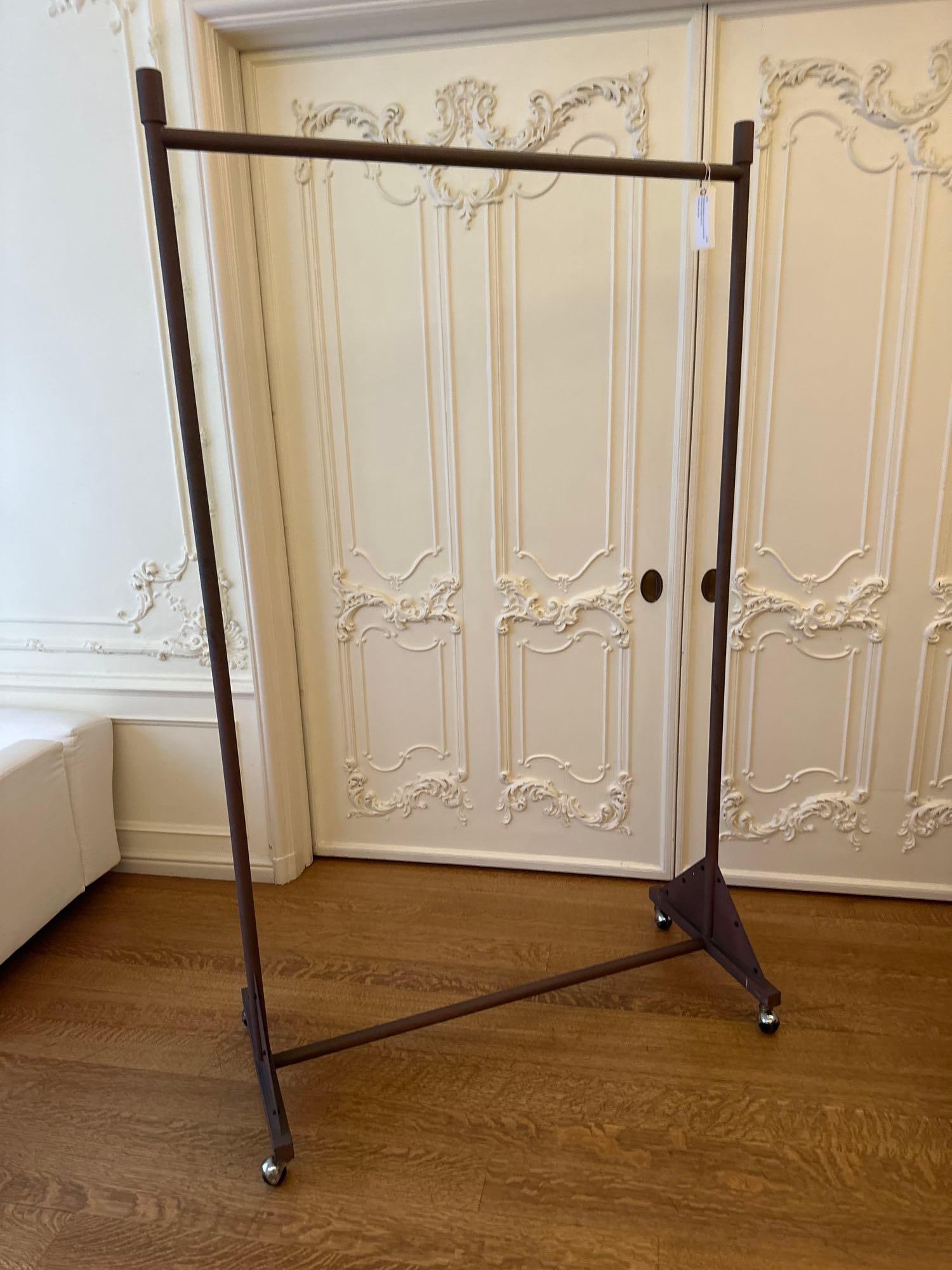 MODERN INDUSTRIAL TALL OXIDZED METAL FINISH ROLLING CLOTHING / GOWN  RACK (1 of 3)