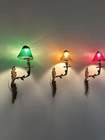 BRONZE ROCOCO GLASS WALL SCONCES WITH COLORED BEAD SHADES