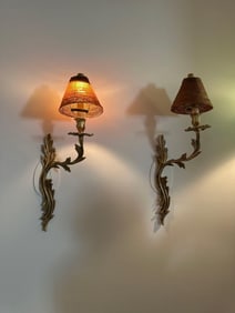 TWO GILT BRONZE ROCOCO GLASS WALL SCONCES WITH COLORED BEAD SHADES (SET 2 OF 2)