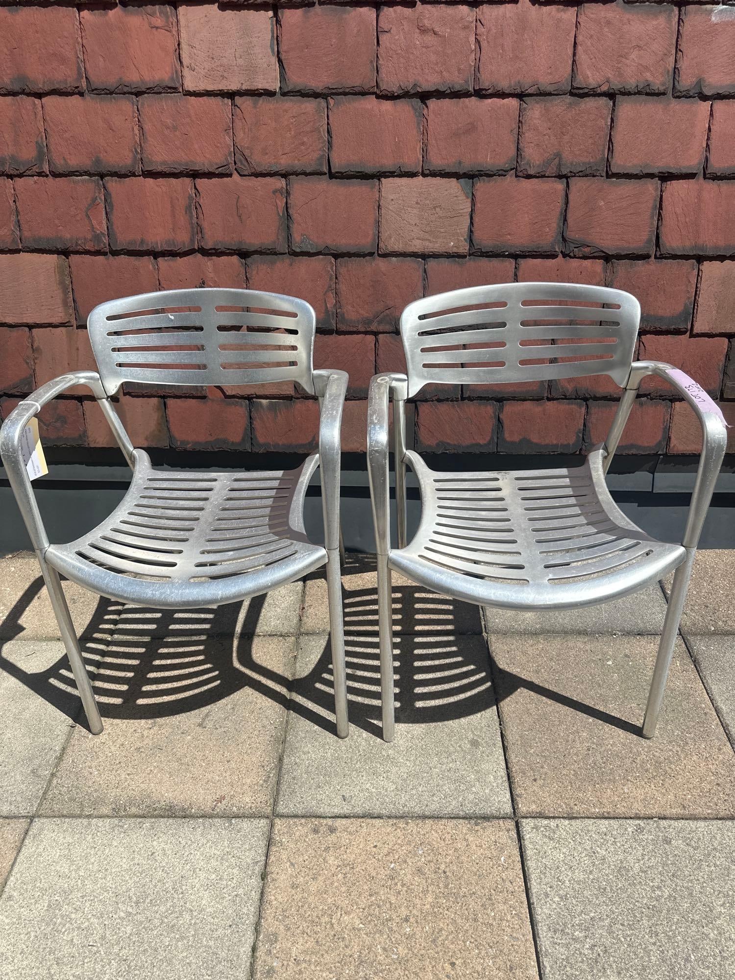 JORGE PENSI TOLEDO CHAIR - ALUMINUM(LOT 6 OF 17 ): A pair of Jorge Pensi Toledo chairs, constructed from aluminum with a slatted seat and back. This pair was used outdoors, so finish is dulled and aluminum is discolored, see photos. From the Moschino