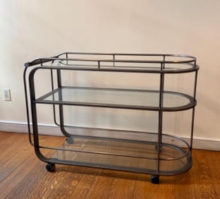 DIA MILO BAUGHMAN STYLE THREE-TIER BAR CART IN BRUSHED NICKEL WITH GLASS SHELVES (1 OF 4)