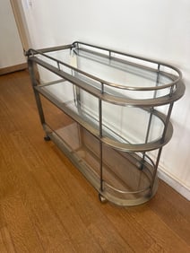 DIA MILO BAUGHMAN STYLE THREE-TIER BAR CART IN ANTIQUED BRASS FINISH WITH GLASS SHELVES (2 OF 4)