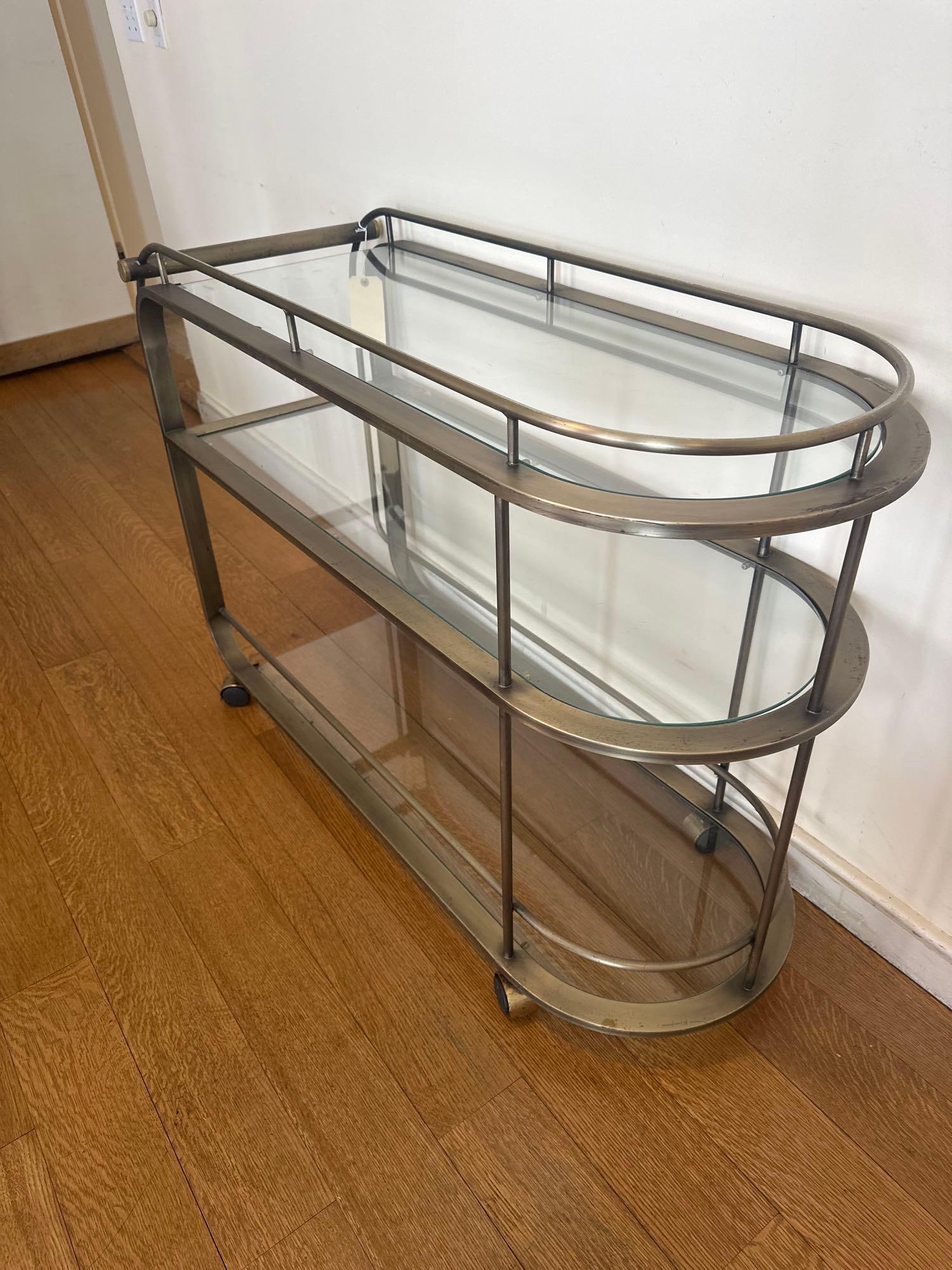 DIA MILO BAUGHMAN STYLE THREE-TIER BAR CART IN ANTIQUED BRASS FINISH WITH GLASS SHELVES (2 OF 4) (1 of 4)