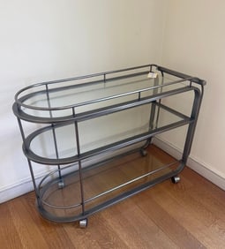 DIA MILO BAUGHMAN STYLE THREE-TIER BAR CART IN BRUSHED NICKEL WITH GLASS SHELVES (3 OF 4)