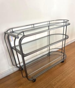 DIA MILO BAUGHMAN STYLE THREE-TIER BAR CART IN BRUSHED NICKEL WITH GLASS SHELVES (4 OF 4)