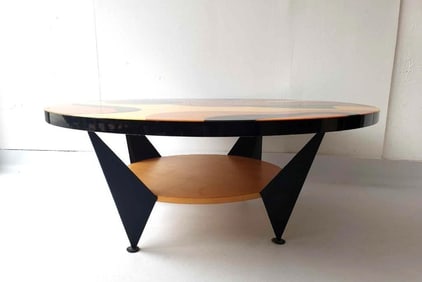 BENJAMIN LE SIGNED POSTMODERN MEMPHIS 2 TIER CIRCULAR COFFEE/COCKTAIL TABLE