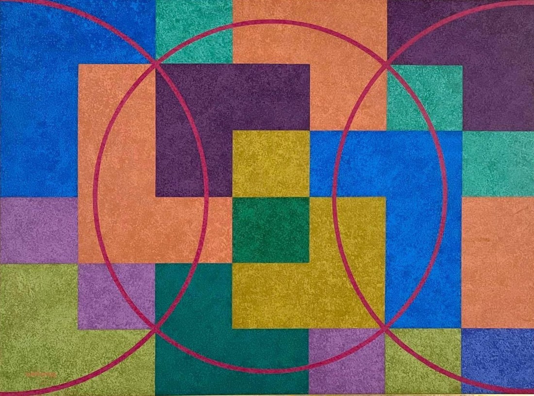 KENNETH EUGENE HUDSON SIGNED GEOMETRIC ACRYLIC “DUO" PAINTING (1975) (1 of 7)