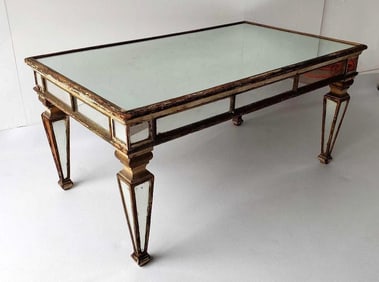 NEOCLASSICAL ANTIQUE GILT AND PAINT DECORATED MIRRORED COCKTAIL TABLE