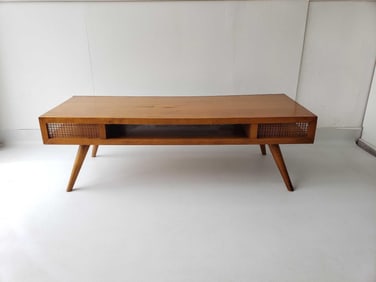 RUSSEL WRIGHT FOR CONANT BALL MID- CENTURY BIRCH COFFEE TABLE WITH CANED INSERTS