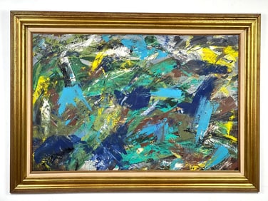VINTAGE ABSTRACT OIL ON CANVAS SIGNED MULLIN ON VERSO