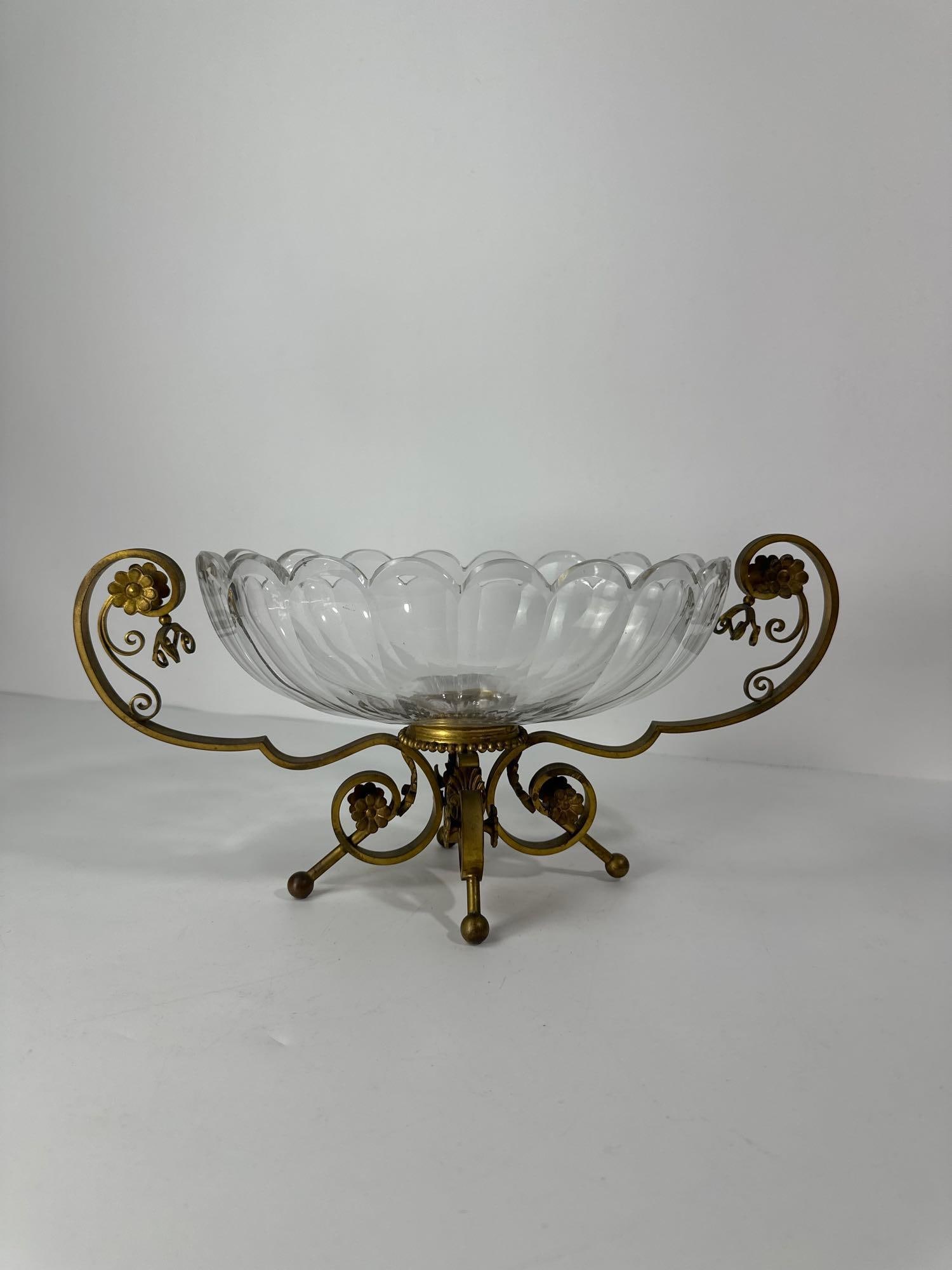 CRYSTAL AND BRONZE COMPOTE DISH / CENTERPIECE IN THE STYLE OF BACCARAT (1 of 7)