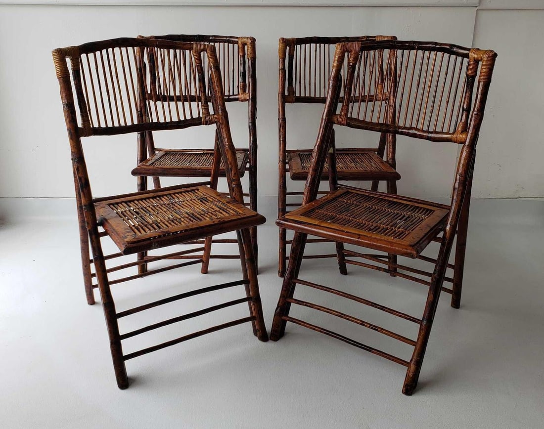 SET OF FOUR VINTAGE BOHO BENT BAMBOO TORTOISESHELL FOLDING CHAIRS (1 of 14)