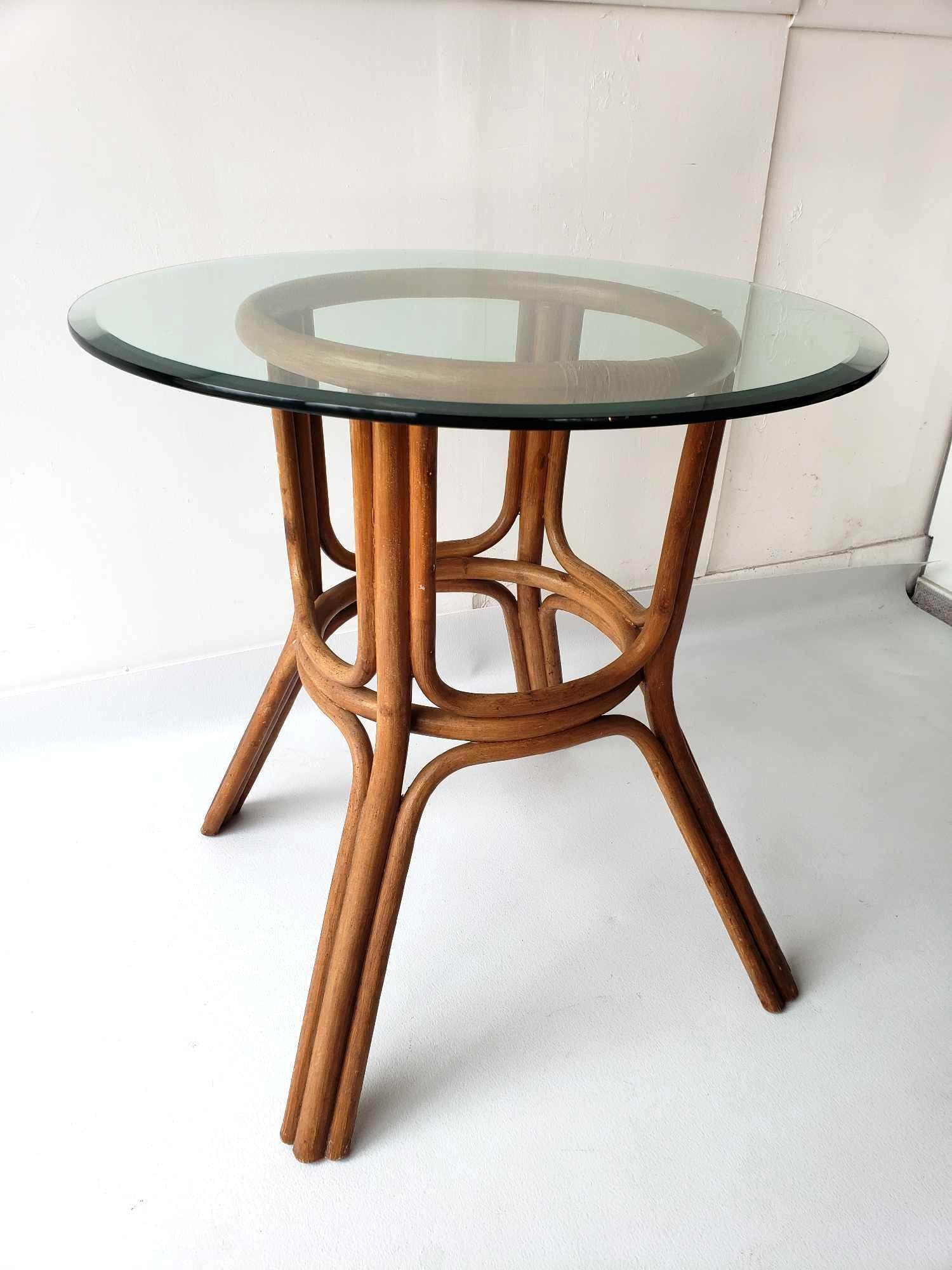 VINTAGE ROUND GLASS TOP RATTAN TABLE (1 of 8)