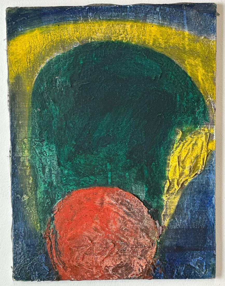 DANIEL BUCKLER OIL ON CANVAS SIGNED ON VERSO: An oil on canvas painting by Daniel Buckler, featuring abstract forms and textured brushstrokes in a palette of blue, green, yellow, and red. Dimensions: 16” x 12” Artist or Maker: Daniel 