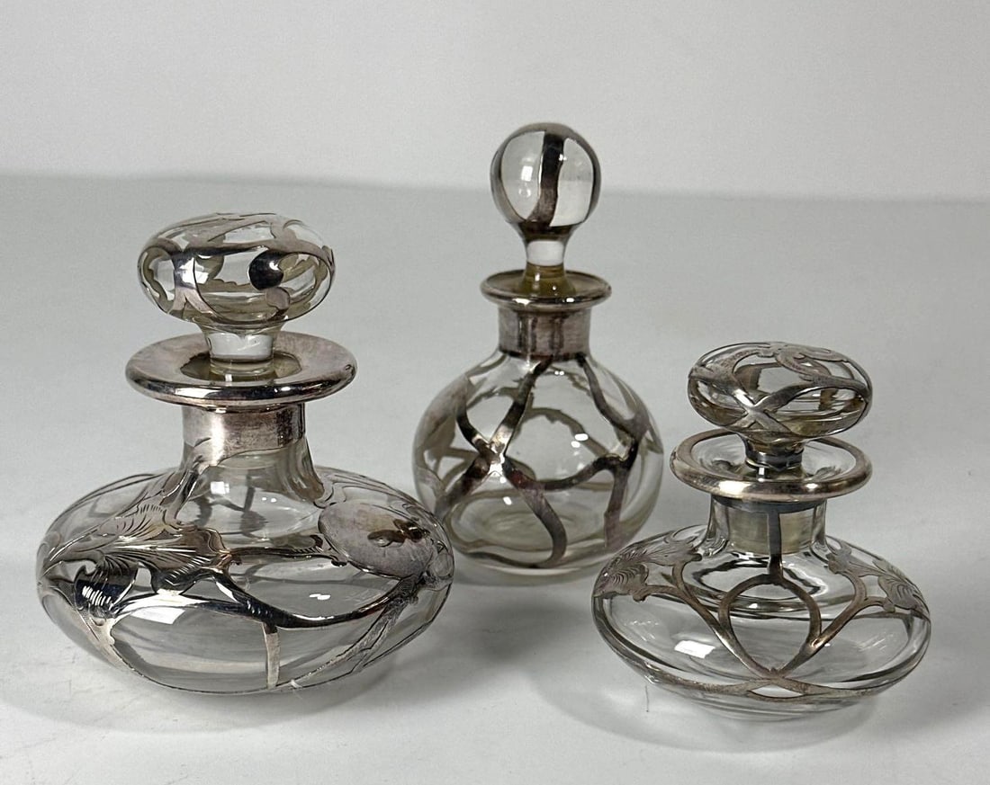 3 SILVER OVERLAY ART NOUVEAU PERFUME BOTTLES (1 of 15)