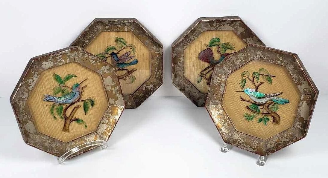 COLLECTION OF FOUR VINTAGE, SIGNED, REVERSED PAINTED HUMMINGBIRDS IN OCTAGONAL FRAMES (1 of 12)