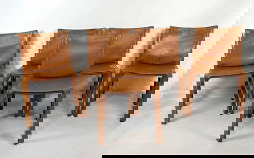 FIVE MARIO BELLINI FOR CASSINA CAB CHAIRS - TAN LEATHER UPHOLSTERY (SET 2 OF 2): A set of five Mario Bellini for Cassina Cab chairs, featuring a tan leather upholstery stretched over a steel frame. NOTE: Significant stains and water due to use. From the Moschino NYC showroom. Di